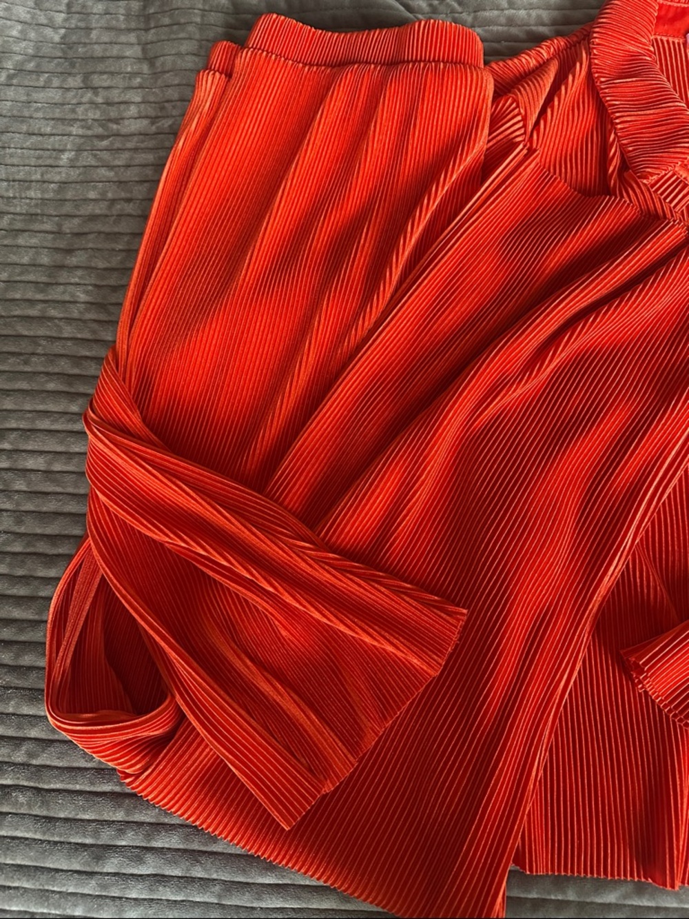 Deep Orange Pleated Button-Up Pants set - Picture 3 of 5